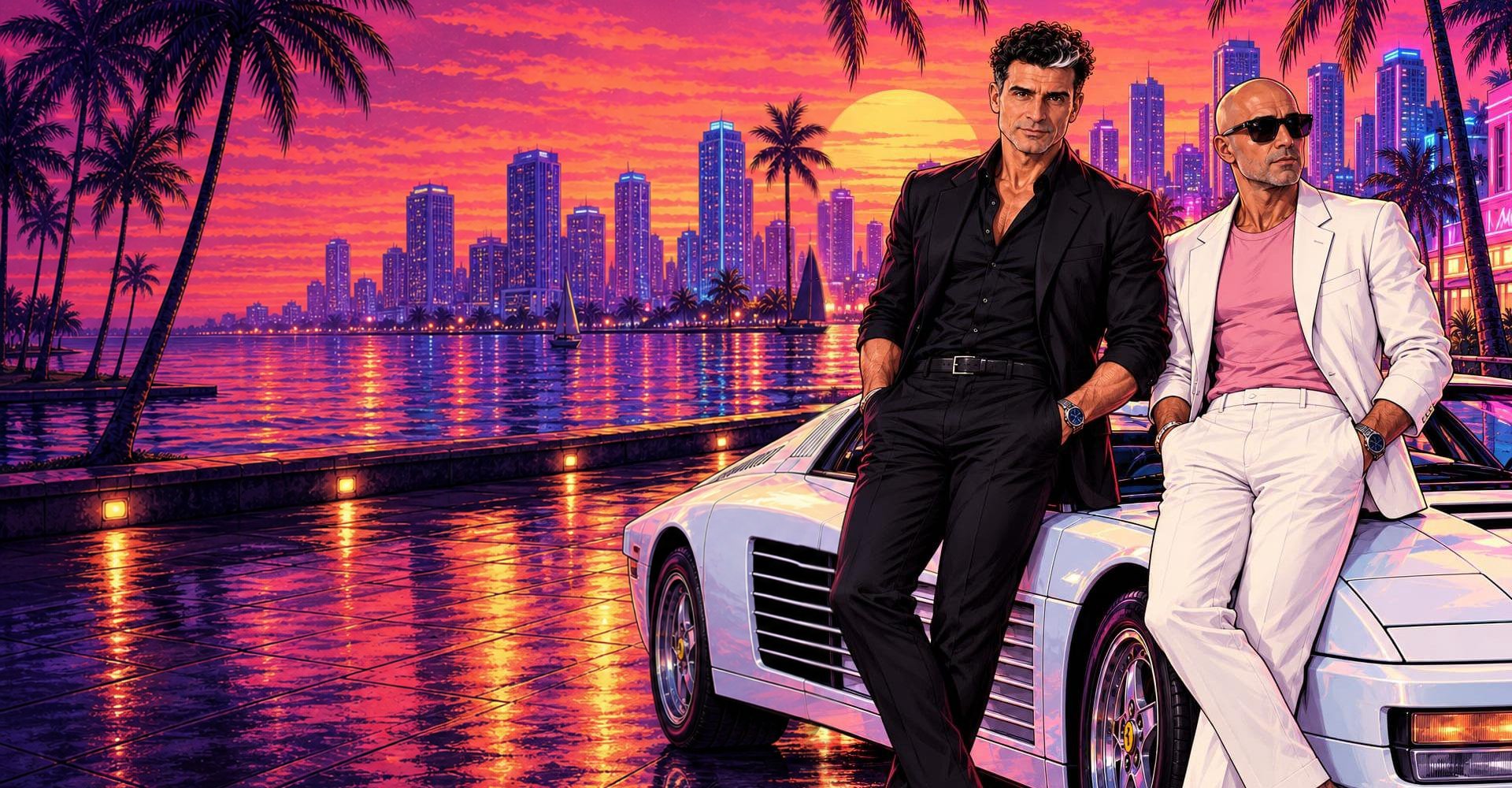 Robert in all black and Daniel in a white suit leaning on a white sports car at a Miami sunset